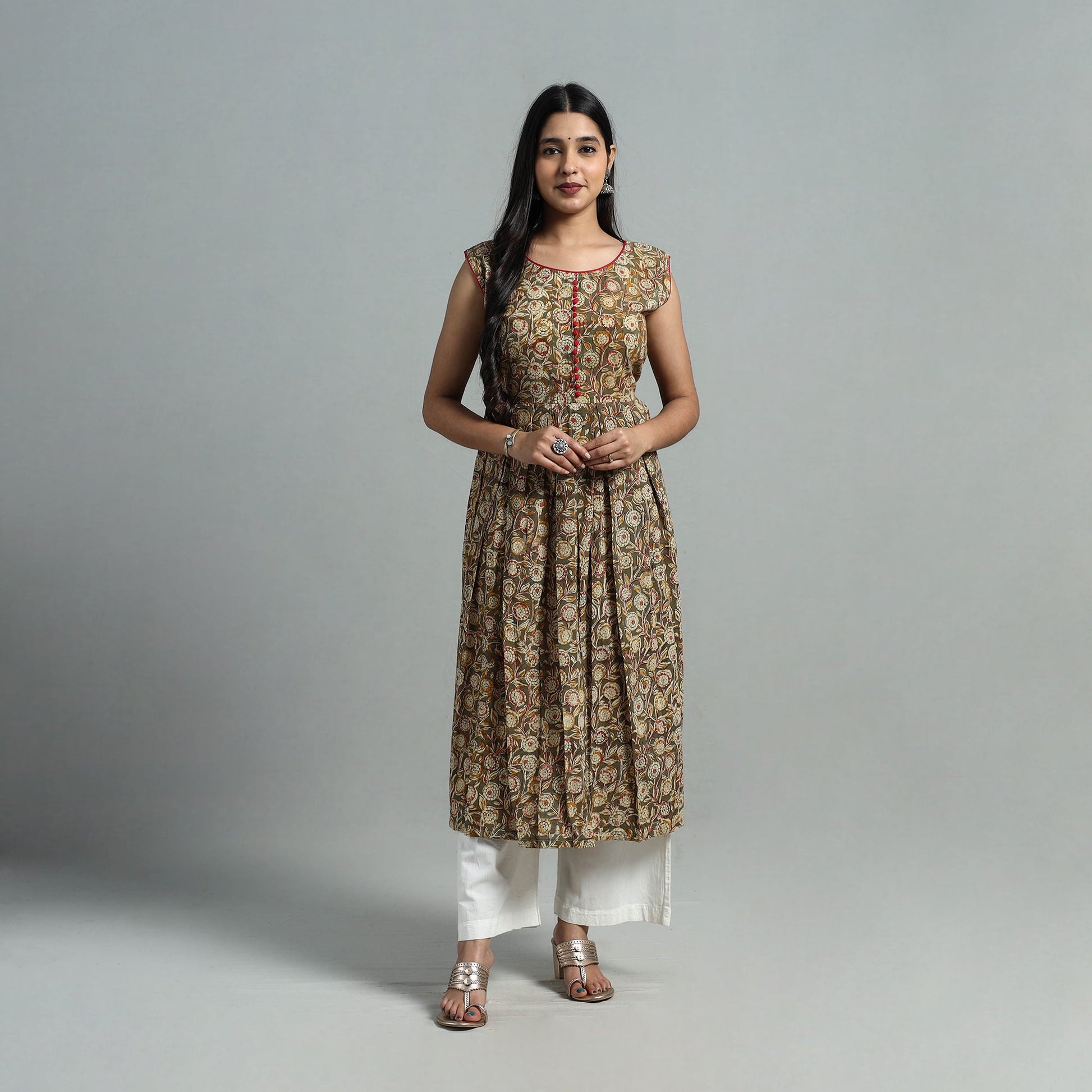Brown - Block Print Cotton Flared Kalamkari Kurta 04