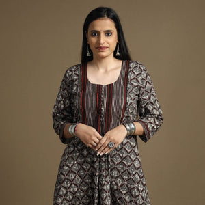Brown - Bagru Hand Block Printed Cotton A-Line Long Kurta