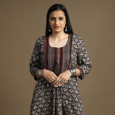 Brown - Bagru Hand Block Printed Cotton A-Line Long Kurta