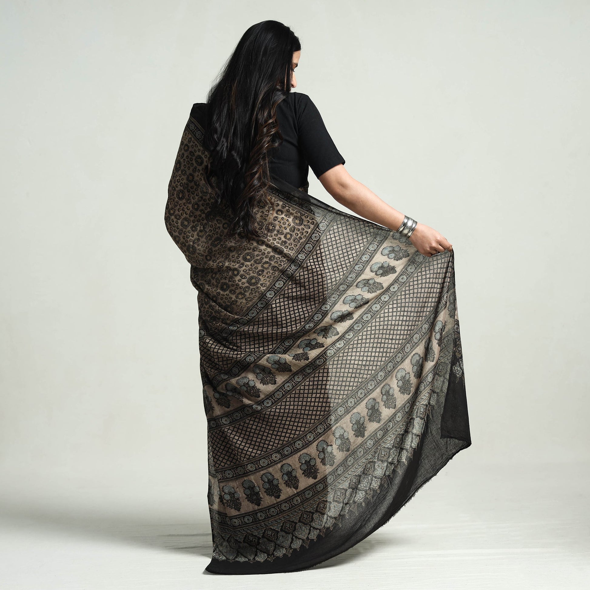 Brown - Block Printed Mul Cotton Ajrakh Saree