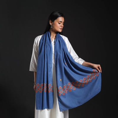 Blue - Cotton Kashida Embroidery Stole 12