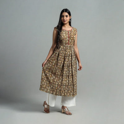 Brown - Block Print Cotton Flared Kalamkari Kurta 04