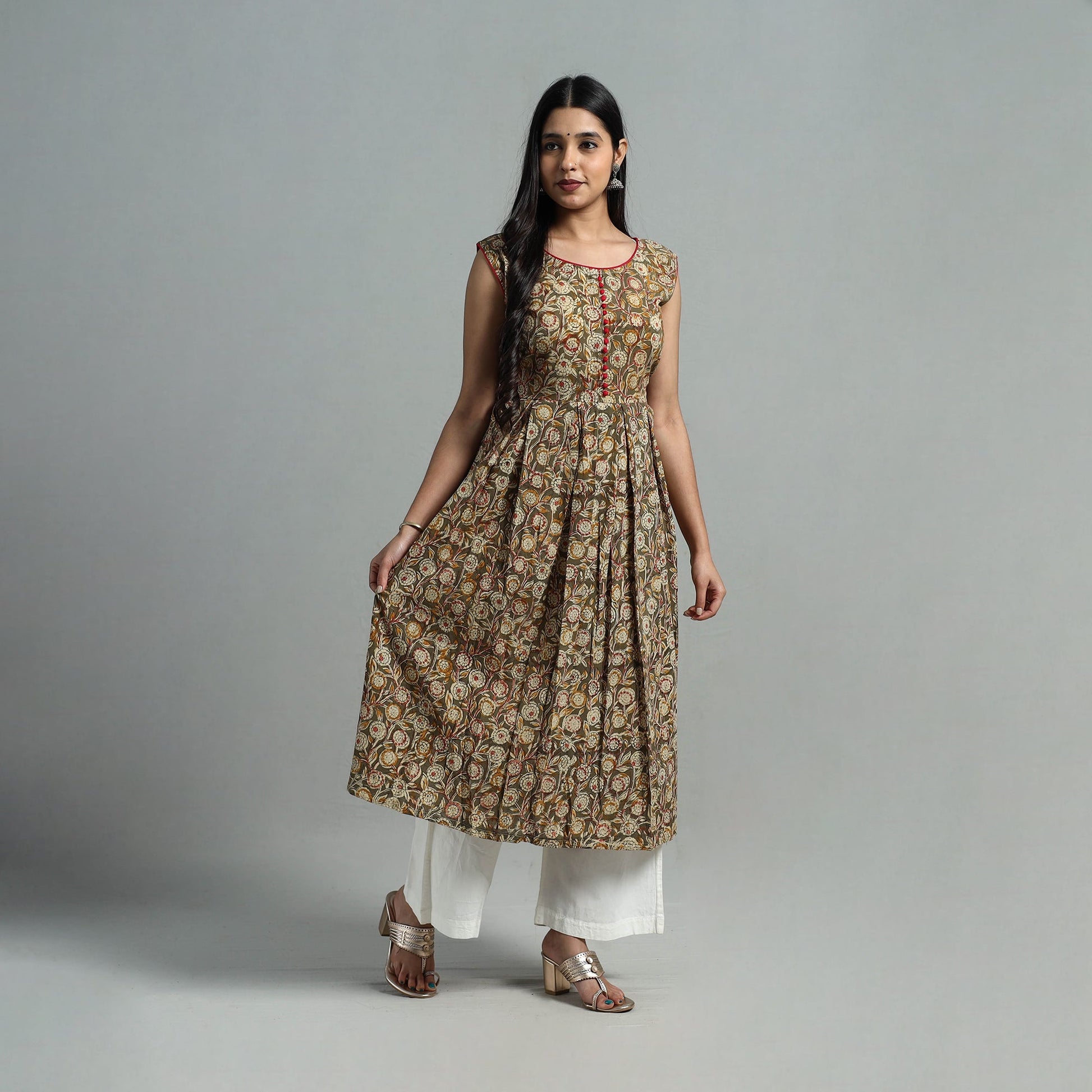 Brown - Block Print Cotton Flared Kalamkari Kurta 04