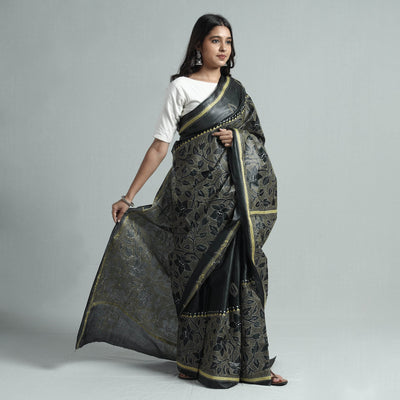 Black - Bengal Kantha Hand Embroidery Pure Tussar Silk Handloom Saree