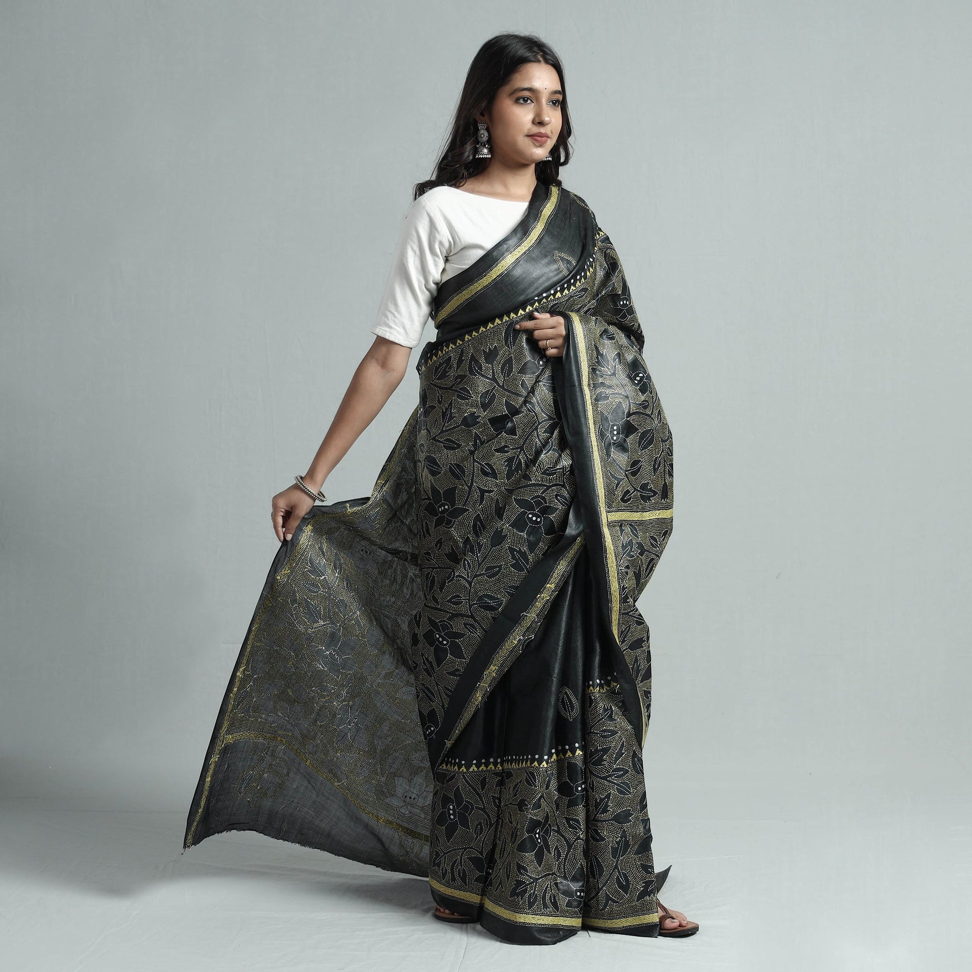 Black - Bengal Kantha Hand Embroidery Pure Tussar Silk Handloom Saree