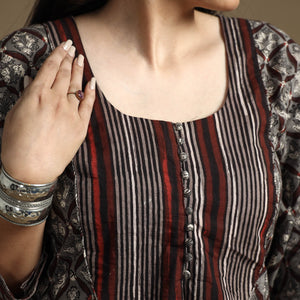 Brown - Bagru Hand Block Printed Cotton A-Line Long Kurta