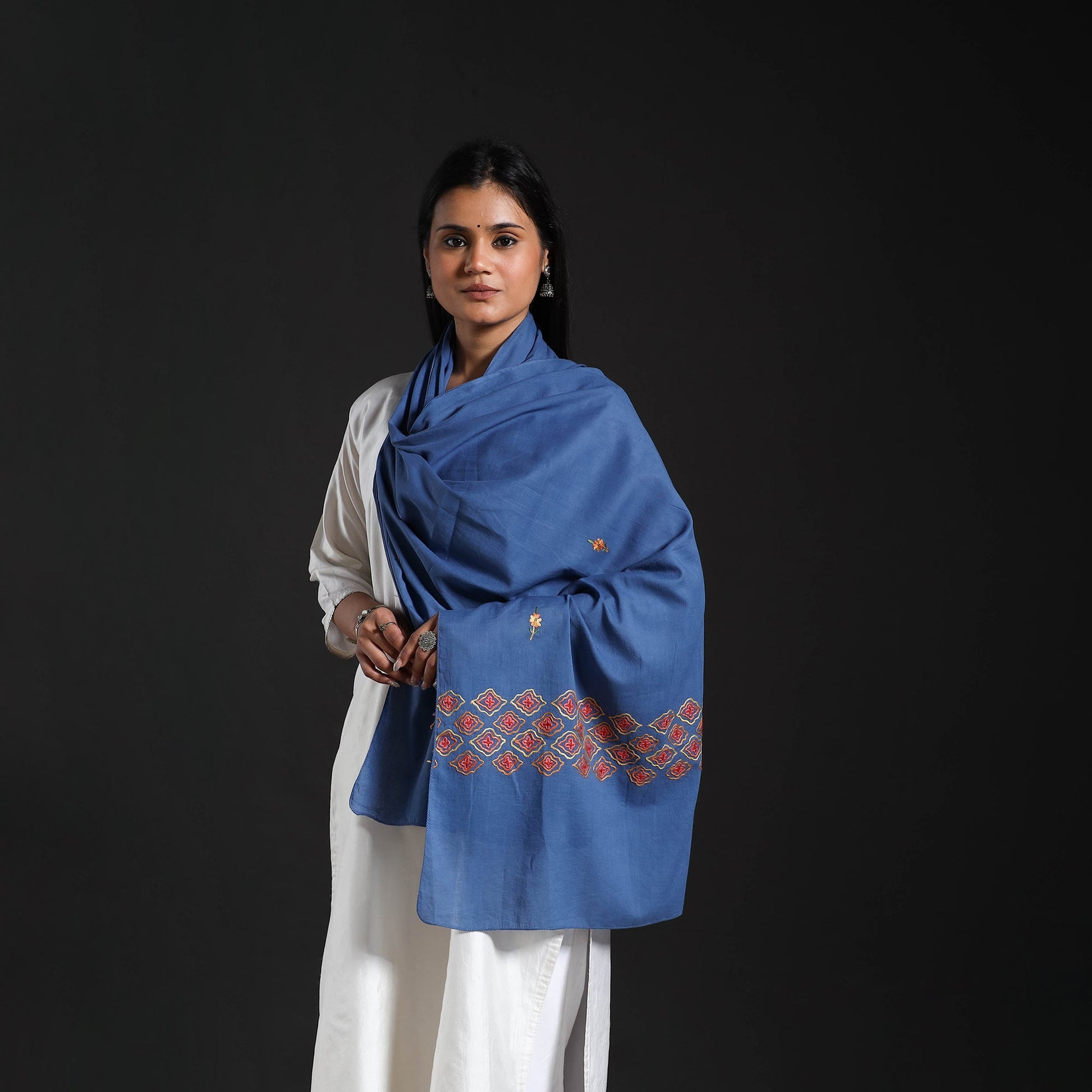 Blue - Cotton Kashida Embroidery Stole 12