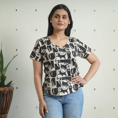Black - Bindaas Block Art Printed Cotton Women V Neck T-shirt 07