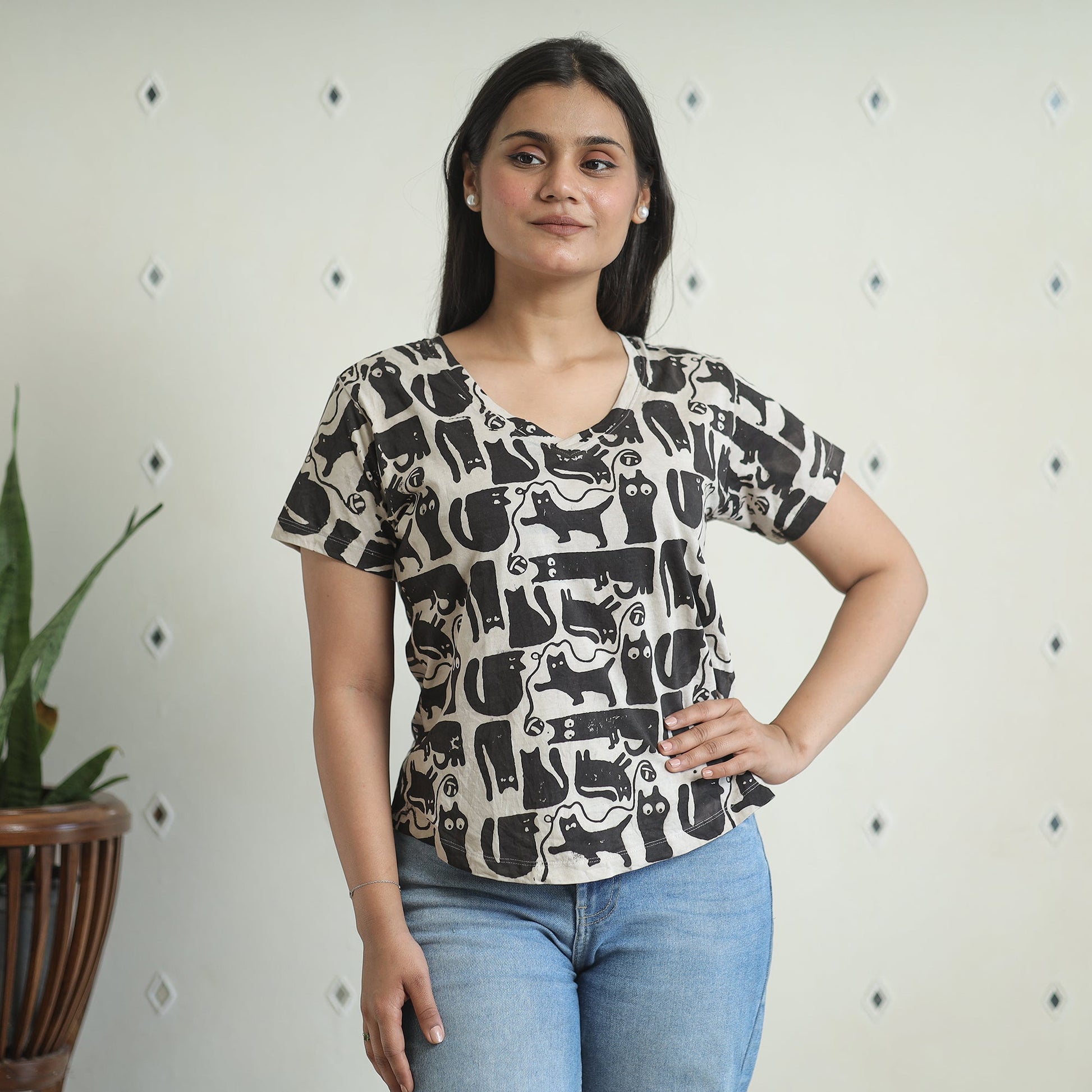 Black - Bindaas Block Art Printed Cotton Women V Neck T-shirt 07