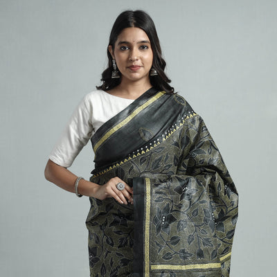 Black - Bengal Kantha Hand Embroidery Pure Tussar Silk Handloom Saree