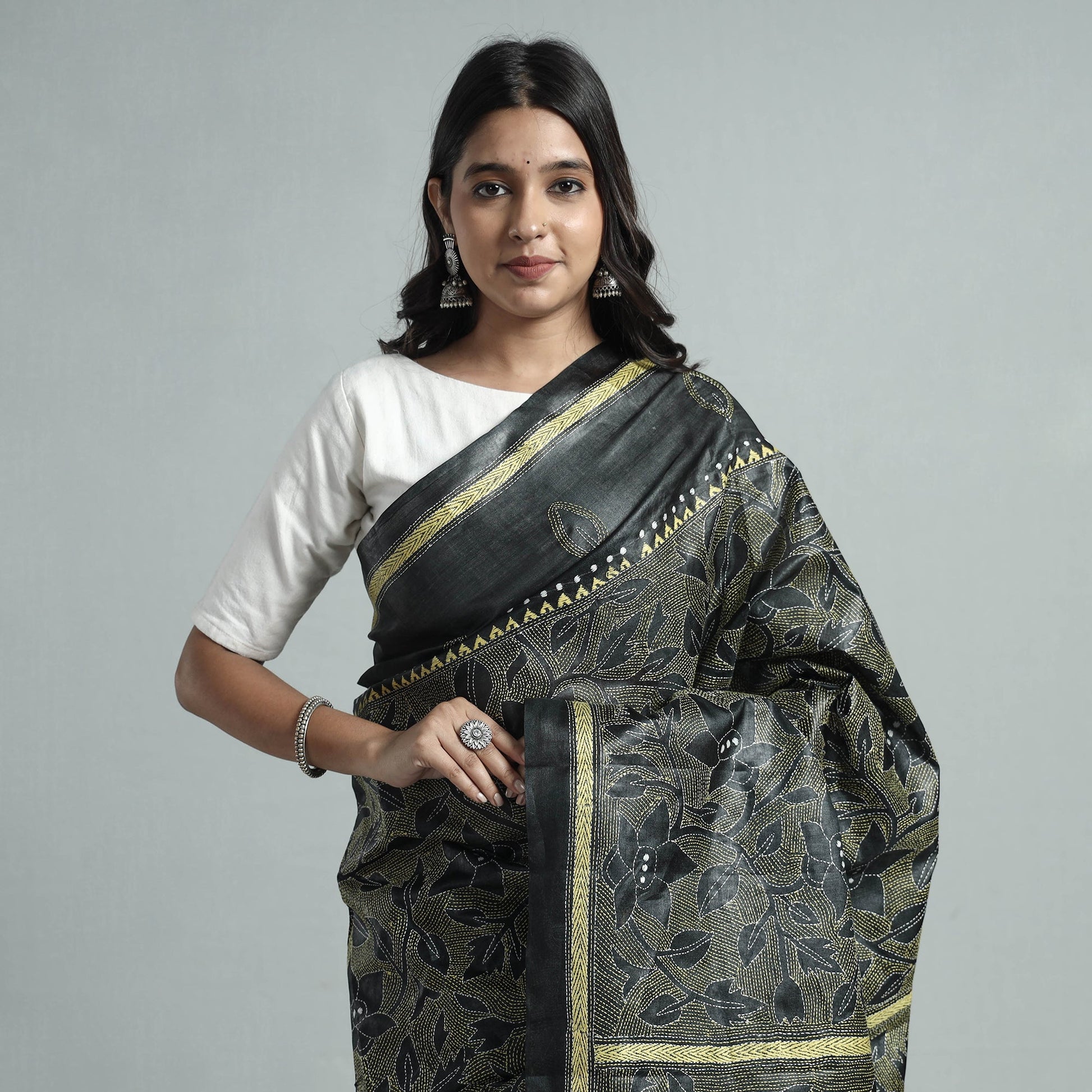 Black - Bengal Kantha Hand Embroidery Pure Tussar Silk Handloom Saree