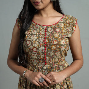 Brown - Block Print Cotton Flared Kalamkari Kurta 04