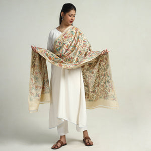 Beige - Bengal Kantha Hand Embroidery Tussar Silk Cotton Handloom Dupatta 14