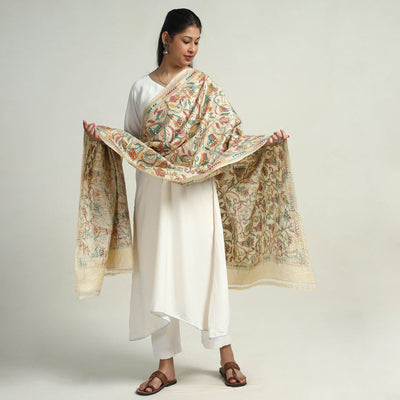 Beige - Bengal Kantha Hand Embroidery Tussar Silk Cotton Handloom Dupatta 14