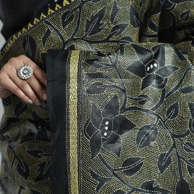Black - Bengal Kantha Hand Embroidery Pure Tussar Silk Handloom Saree