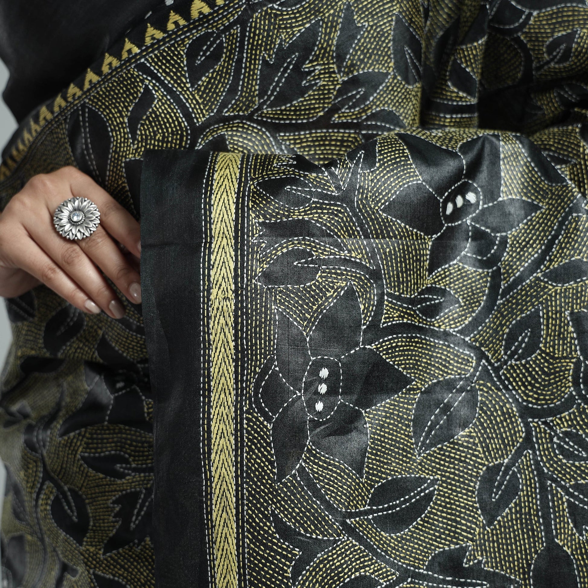 Black - Bengal Kantha Hand Embroidery Pure Tussar Silk Handloom Saree