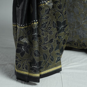 Black - Bengal Kantha Hand Embroidery Pure Tussar Silk Handloom Saree