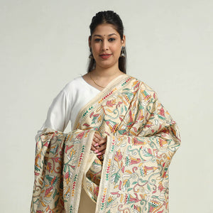 Beige - Bengal Kantha Hand Embroidery Tussar Silk Cotton Handloom Dupatta 14