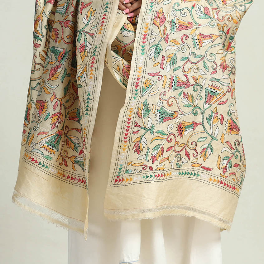 Beige - Bengal Kantha Hand Embroidery Tussar Silk Cotton Handloom Dupatta 14