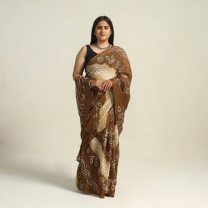 Brown - Kutch Bandhani Tie-Dye Cotton Saree with Blouse Piece