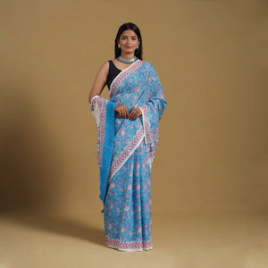 Blue - Block Print Mul Cotton Sanganeri Saree 06
