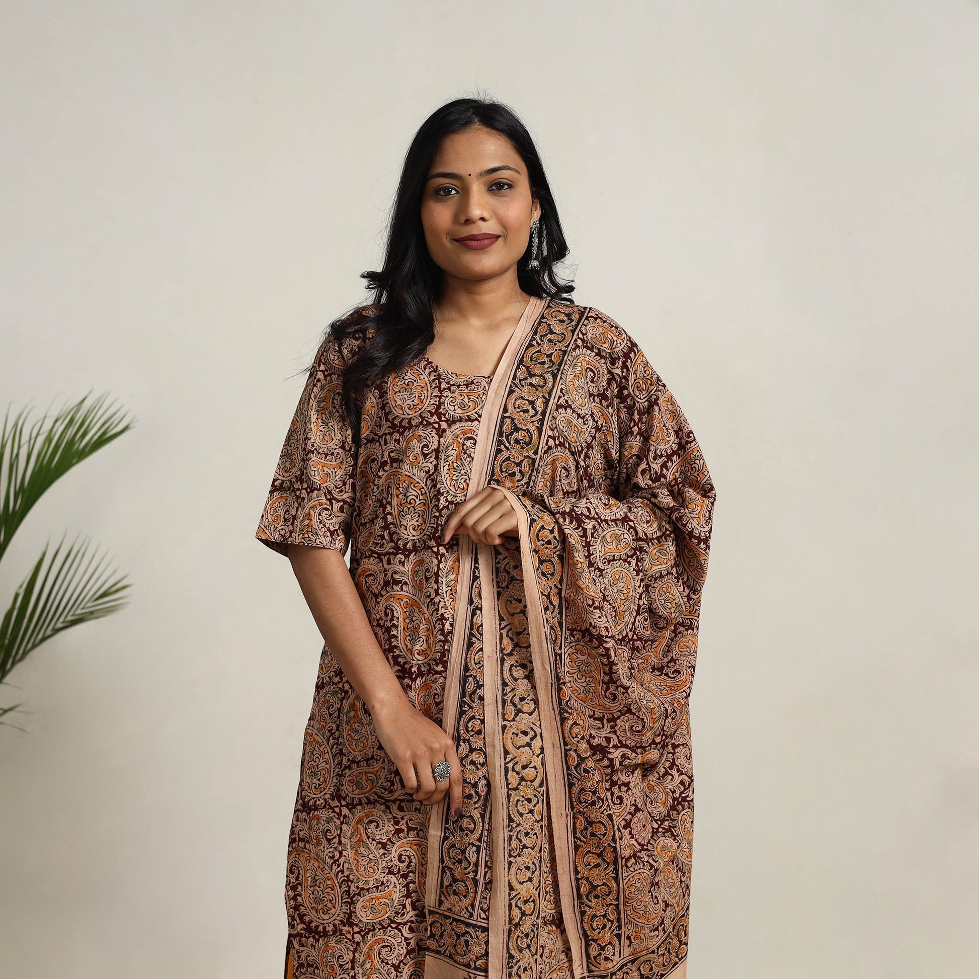 Brown - Block Printed Cotton Kalamkari Kurta Set 14