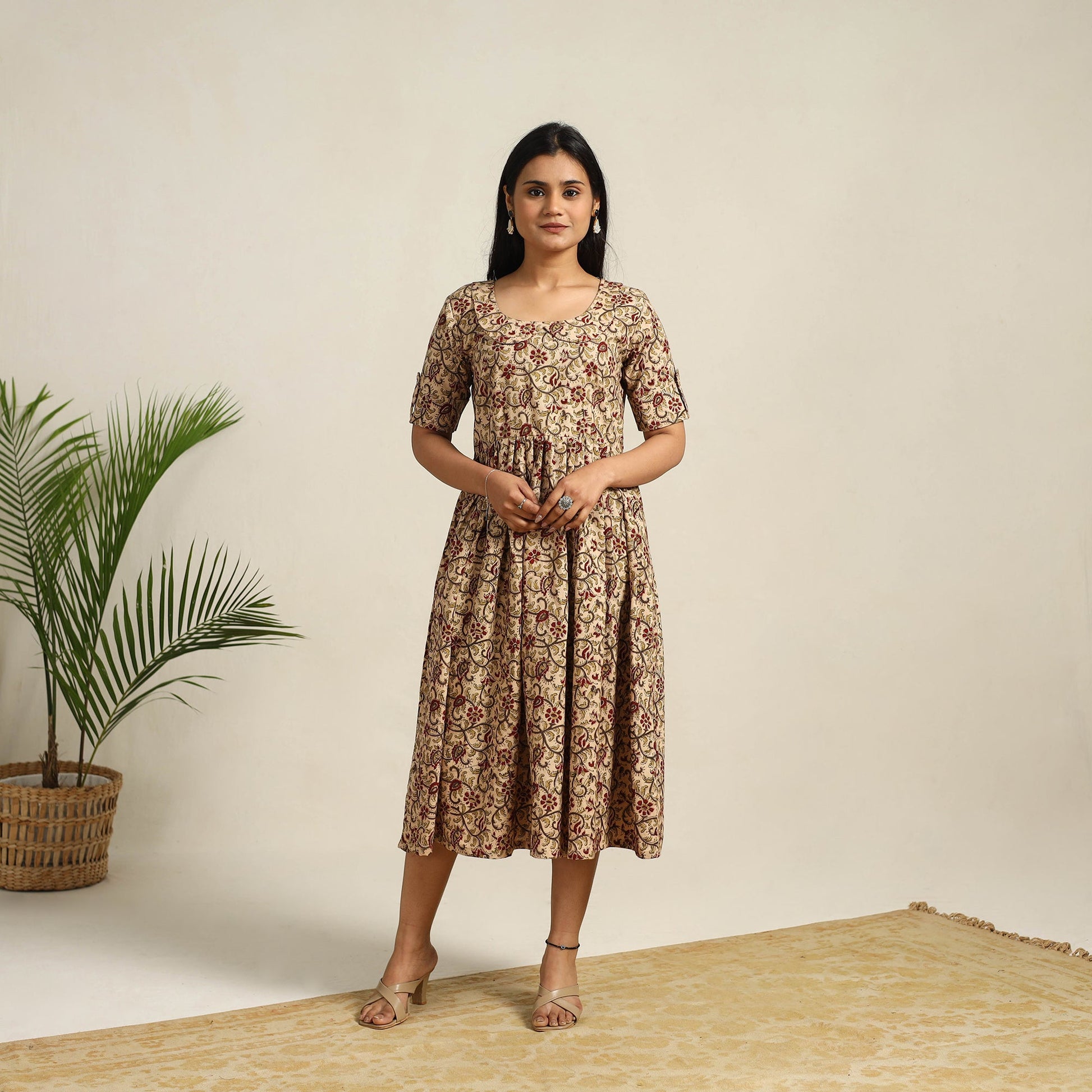 Beige - Pedana Block Print Cotton Flared Kalamkari Dress 08