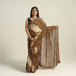 Brown - Kutch Bandhani Tie-Dye Cotton Saree with Blouse Piece