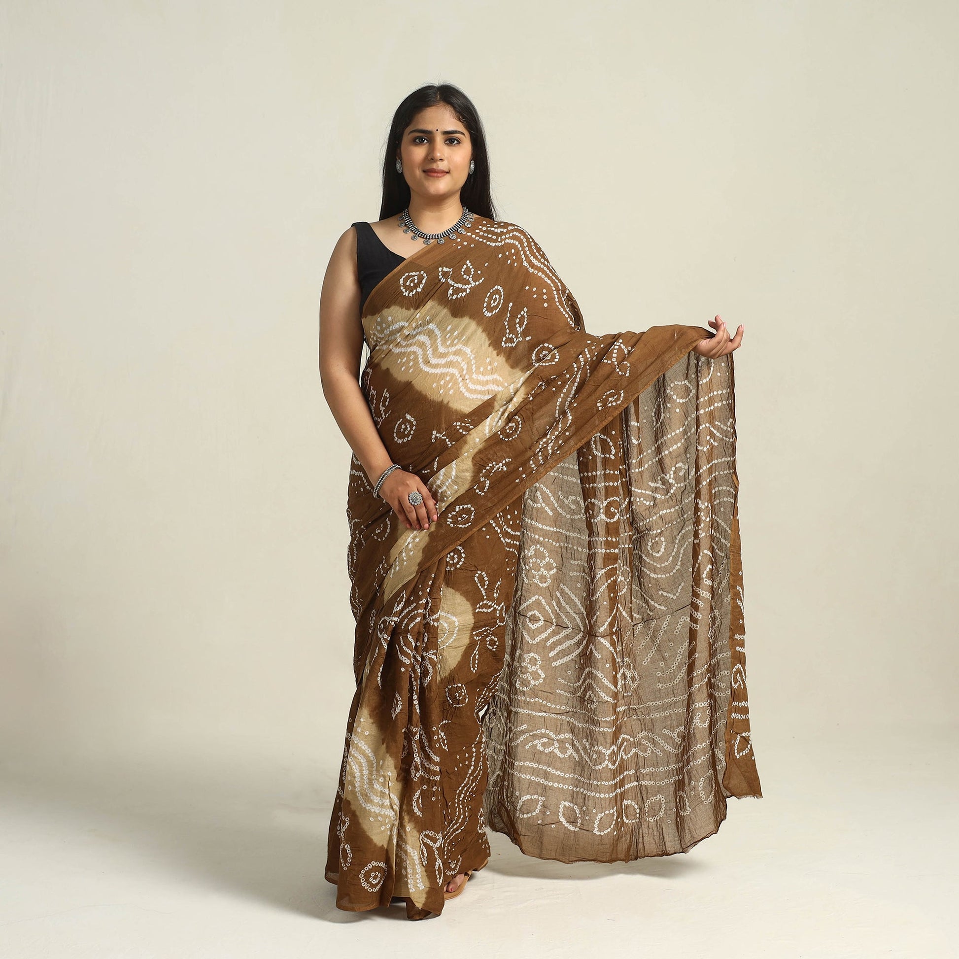 Brown - Kutch Bandhani Tie-Dye Cotton Saree with Blouse Piece