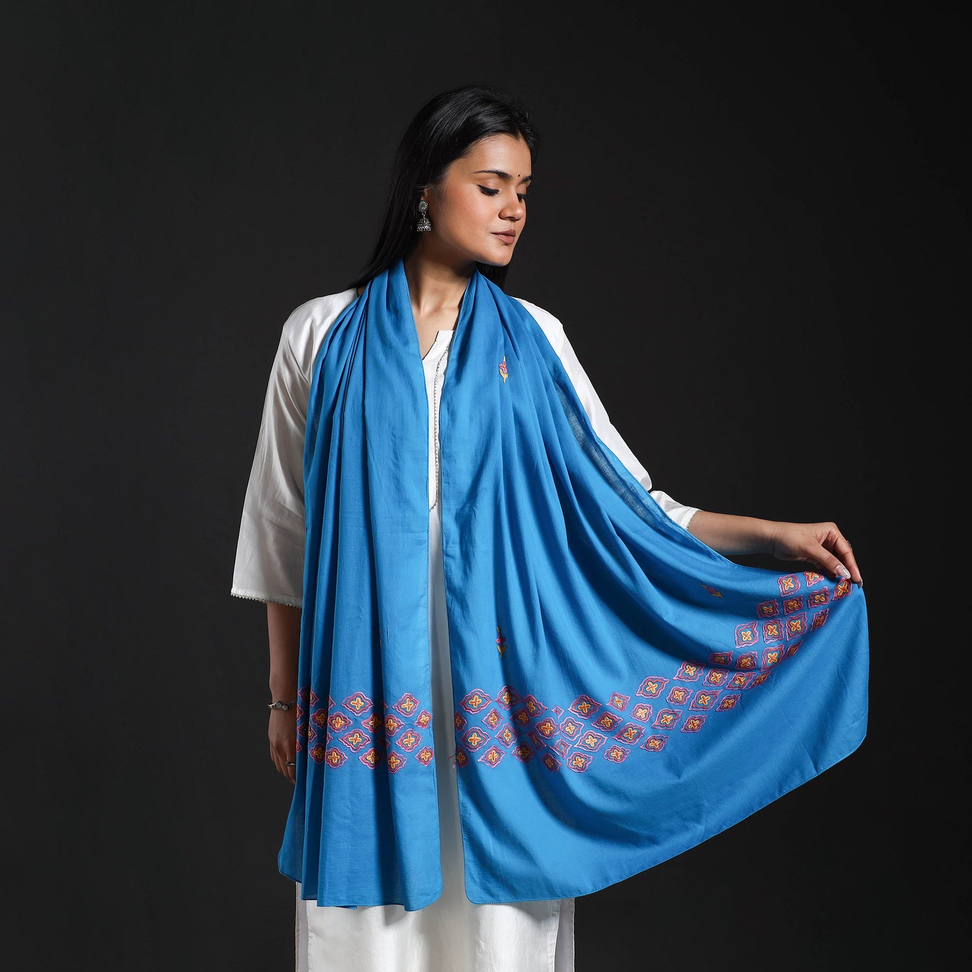 Blue - Cotton Kashida Embroidery Stole 10