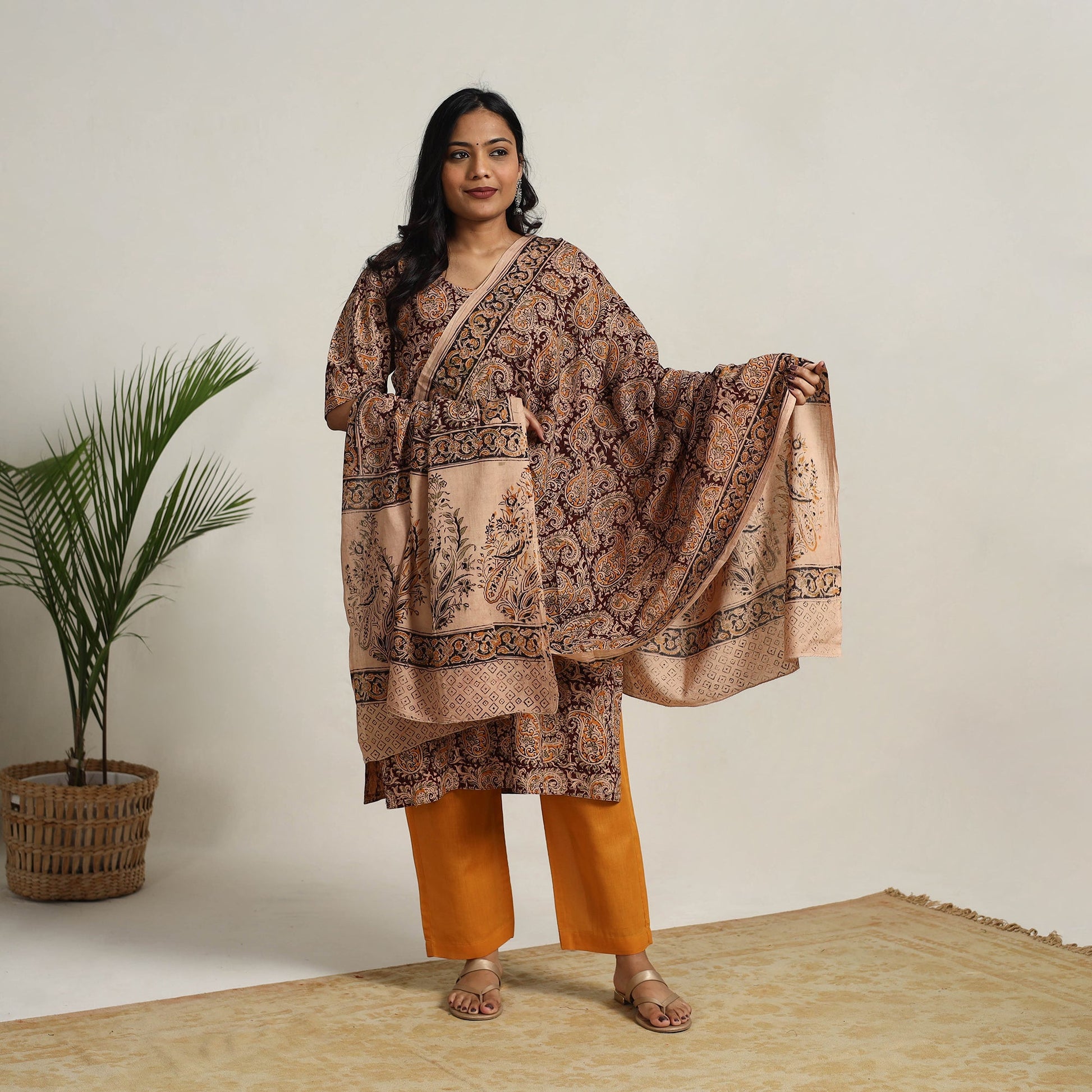 Brown - Block Printed Cotton Kalamkari Kurta Set 14