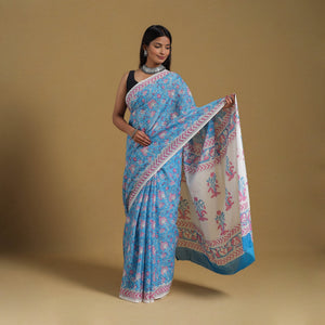 Blue - Block Print Mul Cotton Sanganeri Saree 06