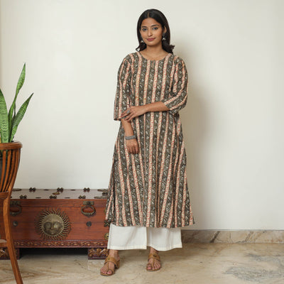 Brown - Kalamkari Hand Block Printed Cotton A-Line Kurta 45