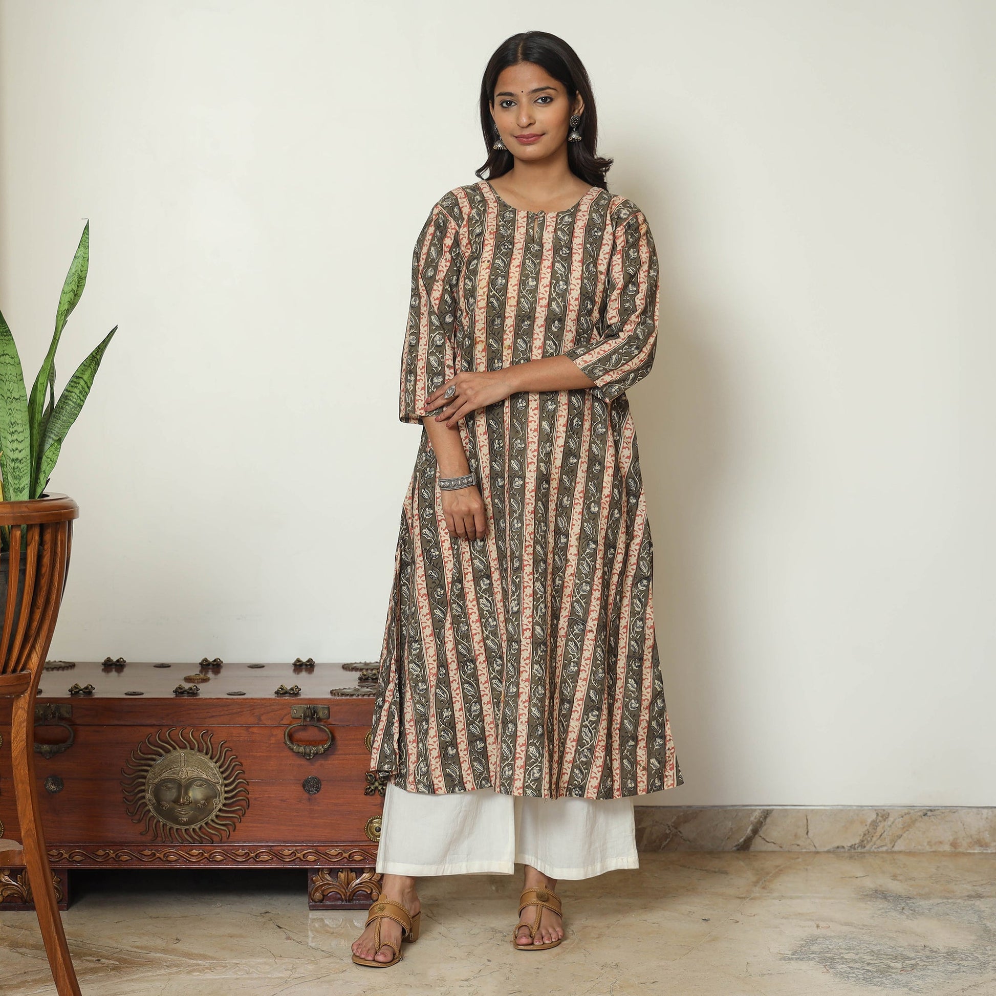 Brown - Kalamkari Hand Block Printed Cotton A-Line Kurta 45