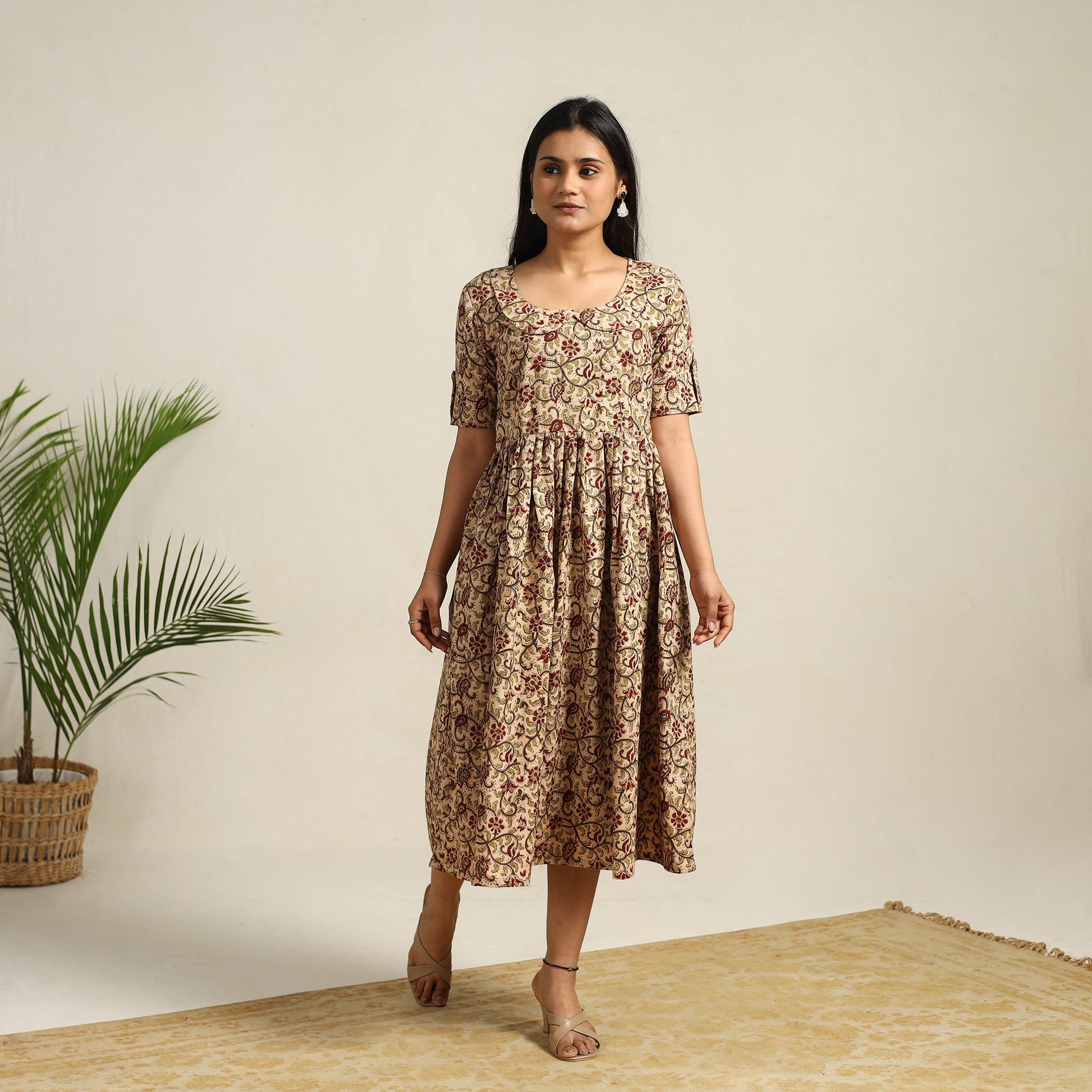 Beige - Pedana Block Print Cotton Flared Kalamkari Dress 08