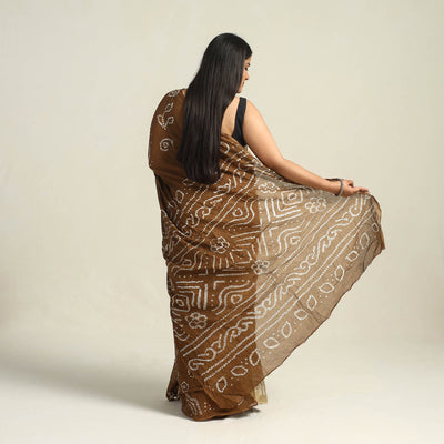 Brown - Kutch Bandhani Tie-Dye Cotton Saree with Blouse Piece
