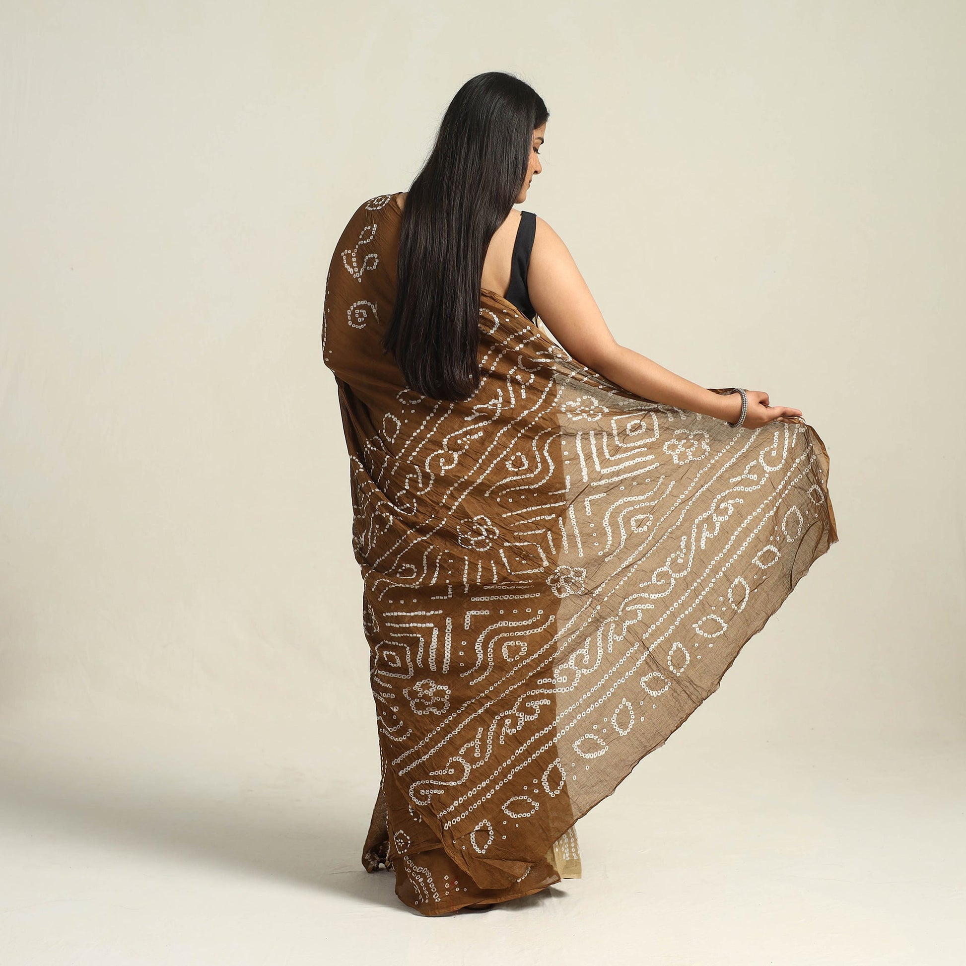 Brown - Kutch Bandhani Tie-Dye Cotton Saree with Blouse Piece