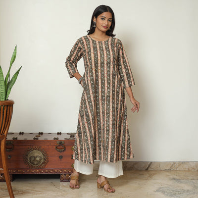 Brown - Kalamkari Hand Block Printed Cotton A-Line Kurta 45