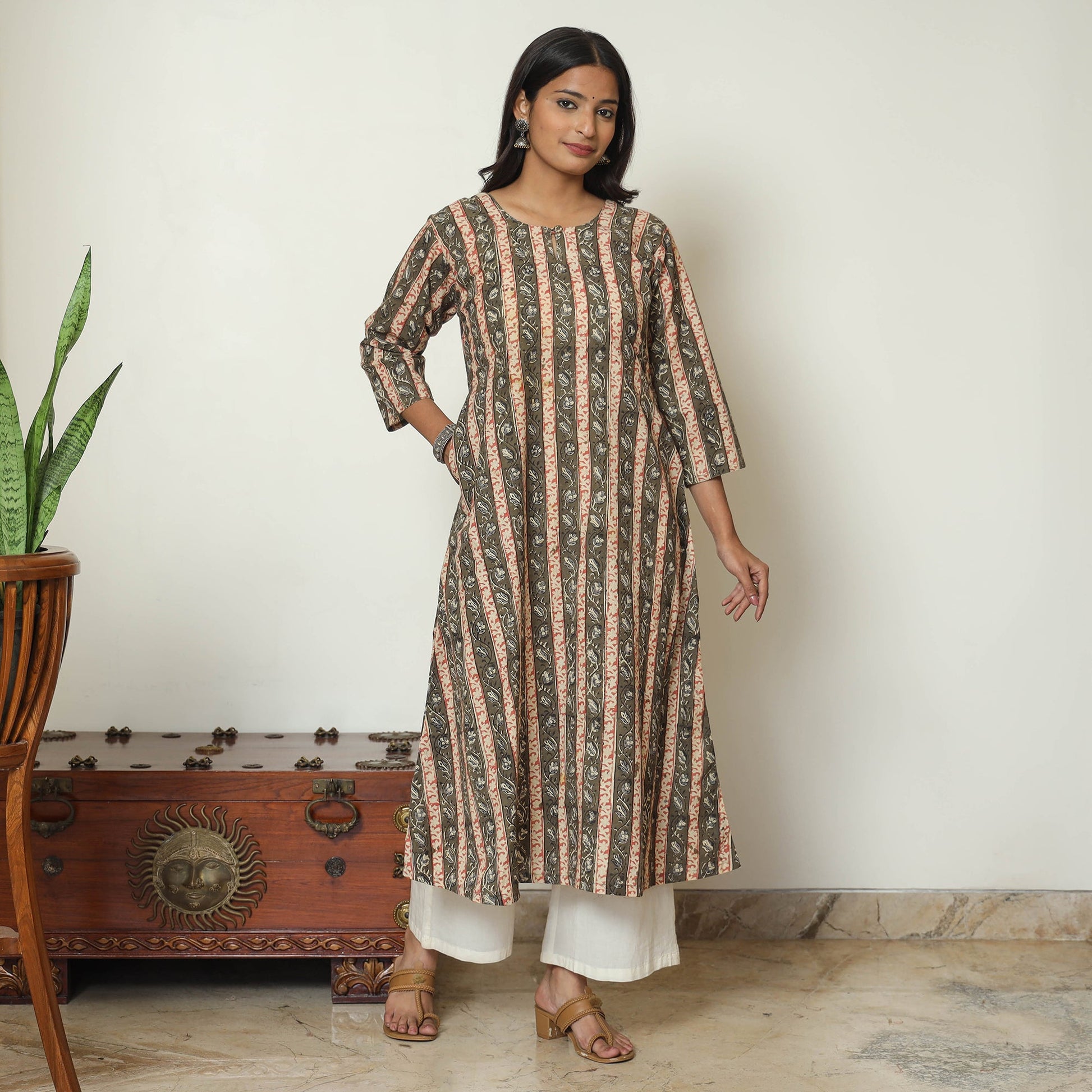 Brown - Kalamkari Hand Block Printed Cotton A-Line Kurta 45