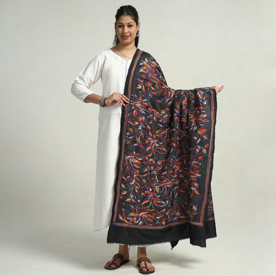 Black - Bengal Kantha Hand Embroidery Bangalore Silk Handloom Dupatta 19