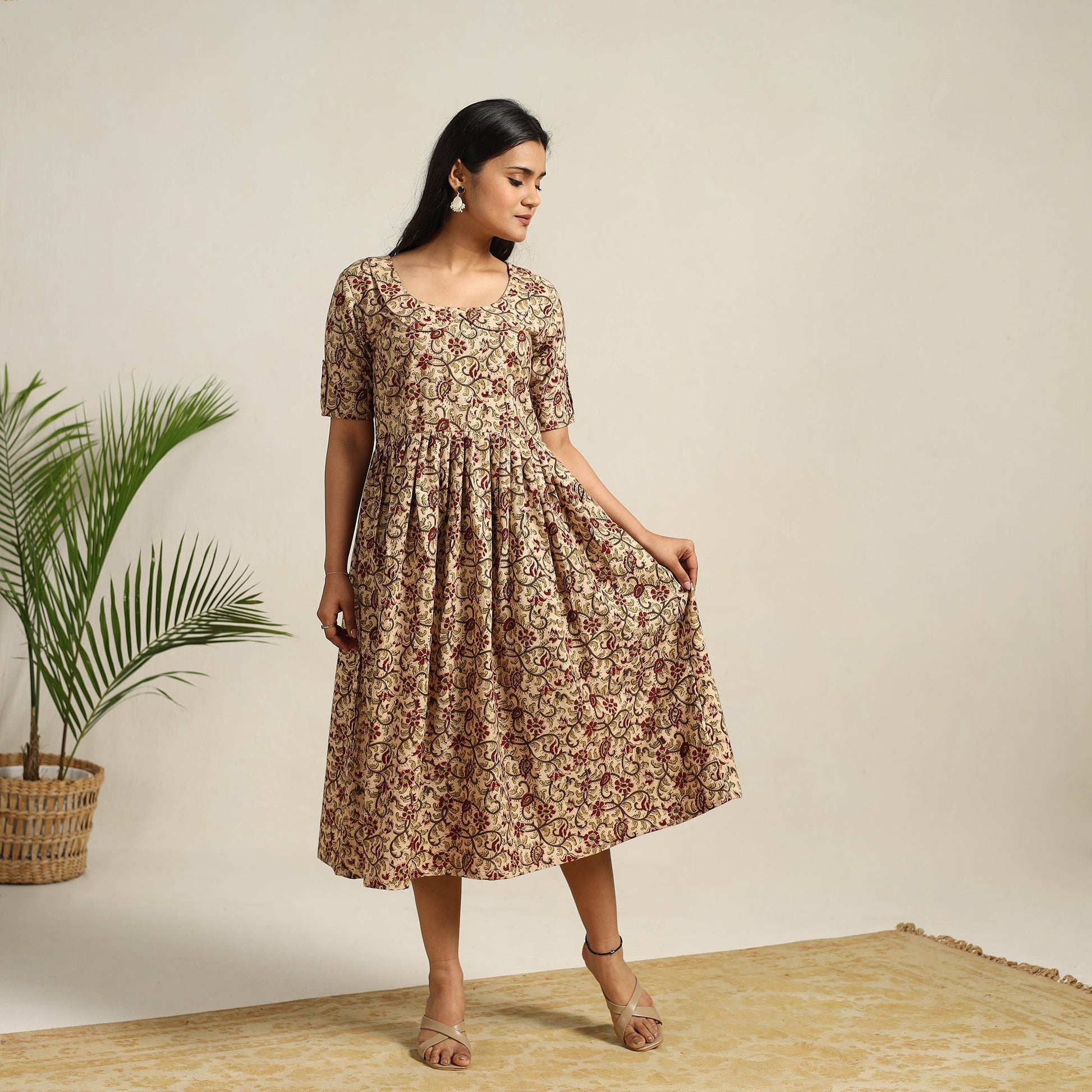 Beige - Pedana Block Print Cotton Flared Kalamkari Dress 08