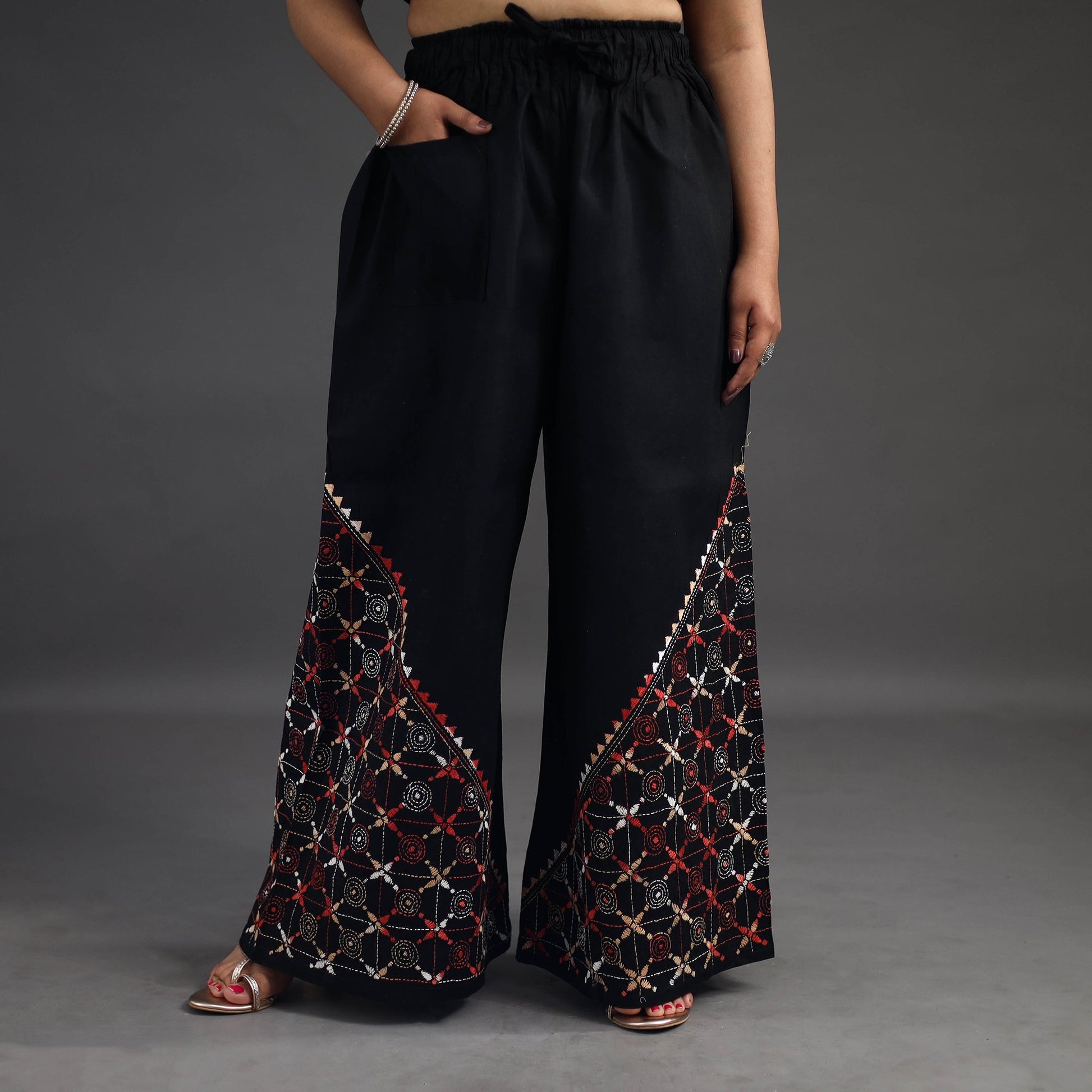 Black - Kantha Hand Embroidery Palazzo in Cotton 06
