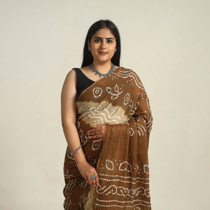 Brown - Kutch Bandhani Tie-Dye Cotton Saree with Blouse Piece