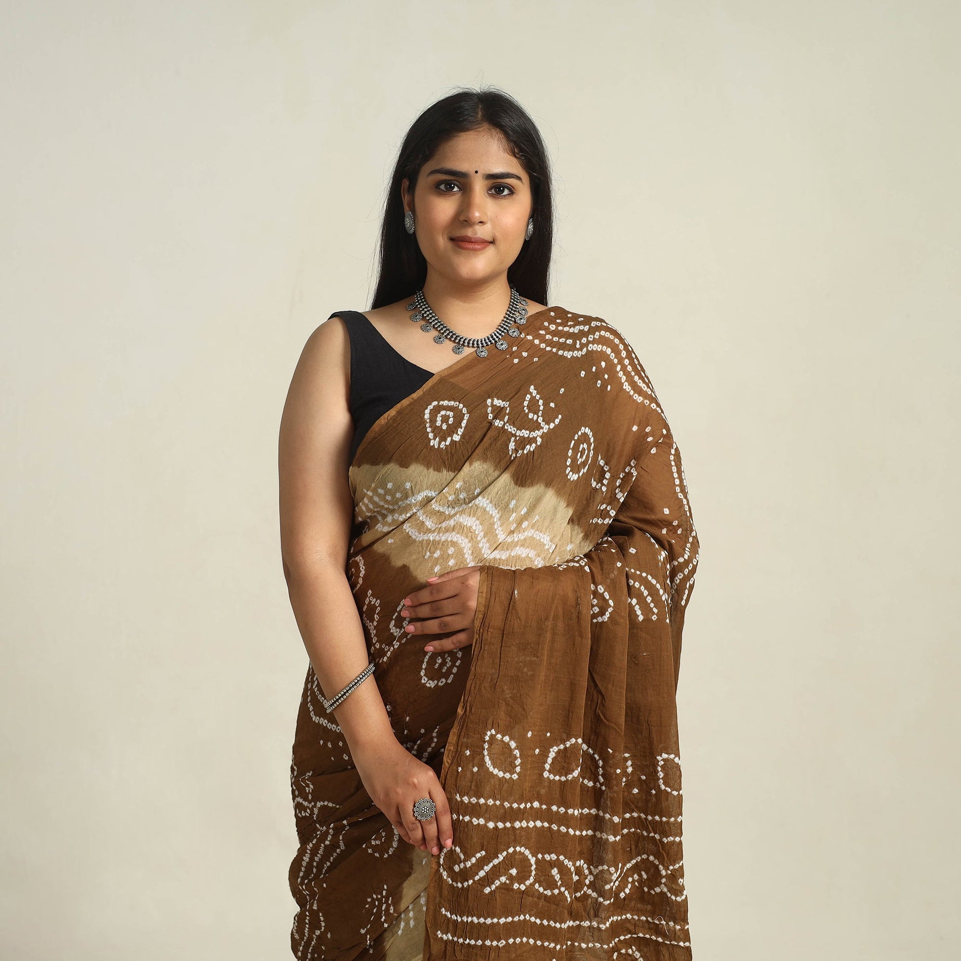 Brown - Kutch Bandhani Tie-Dye Cotton Saree with Blouse Piece