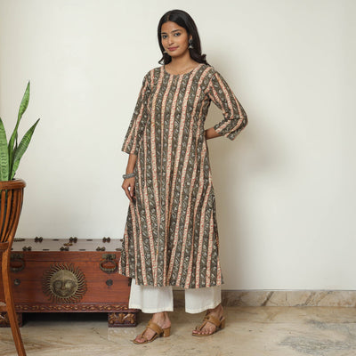Brown - Kalamkari Hand Block Printed Cotton A-Line Kurta 45