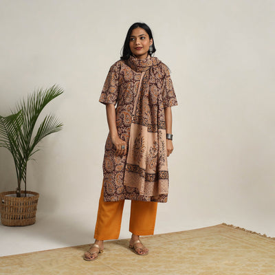Brown - Block Printed Cotton Kalamkari Kurta Set 14