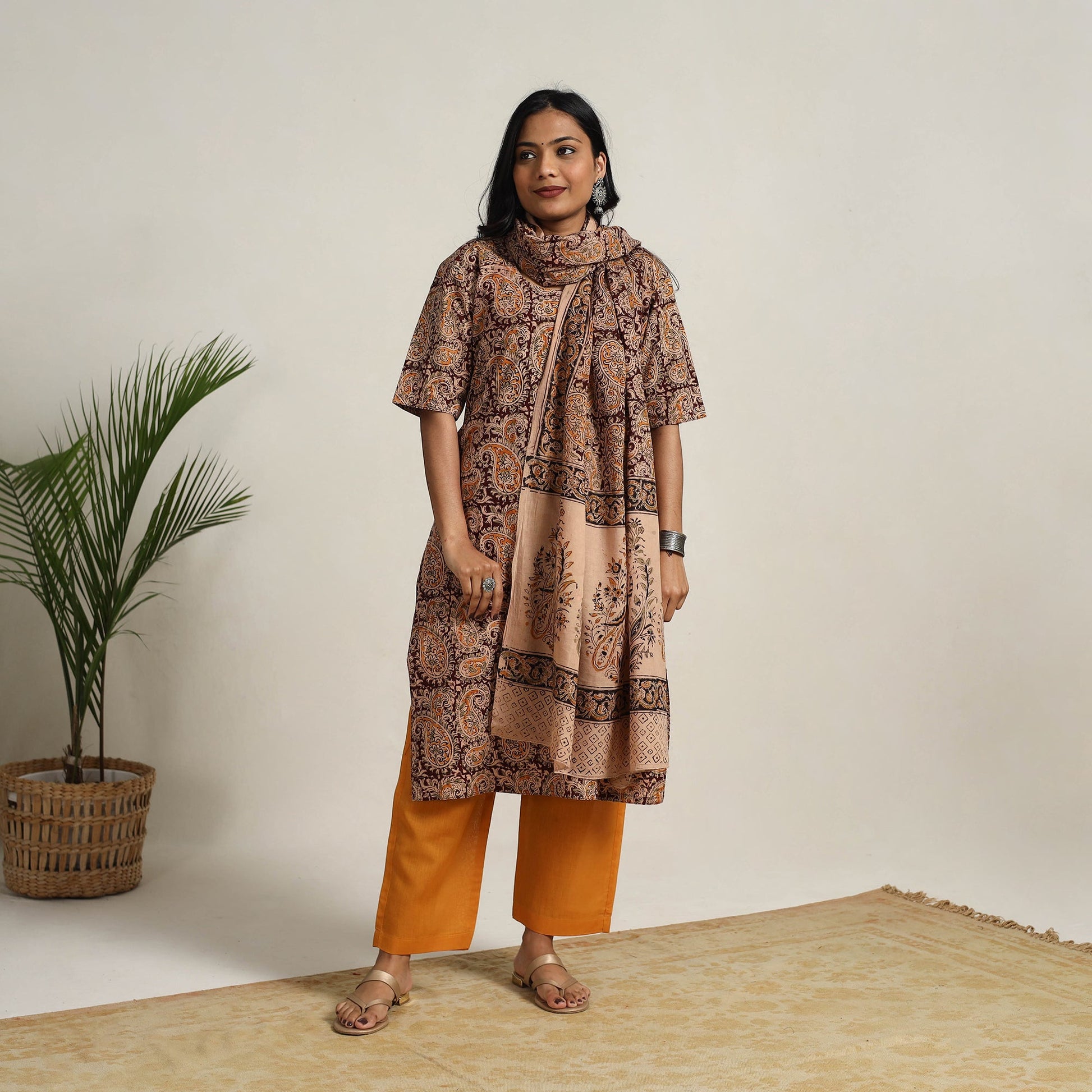 Brown - Block Printed Cotton Kalamkari Kurta Set 14