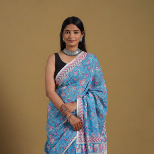 Blue - Block Print Mul Cotton Sanganeri Saree 06
