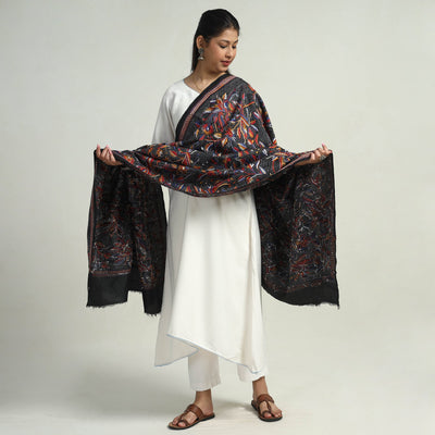Black - Bengal Kantha Hand Embroidery Bangalore Silk Handloom Dupatta 19