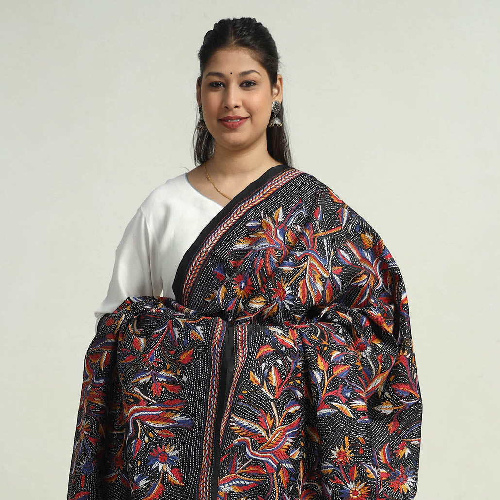 Black - Bengal Kantha Hand Embroidery Bangalore Silk Handloom Dupatta 19